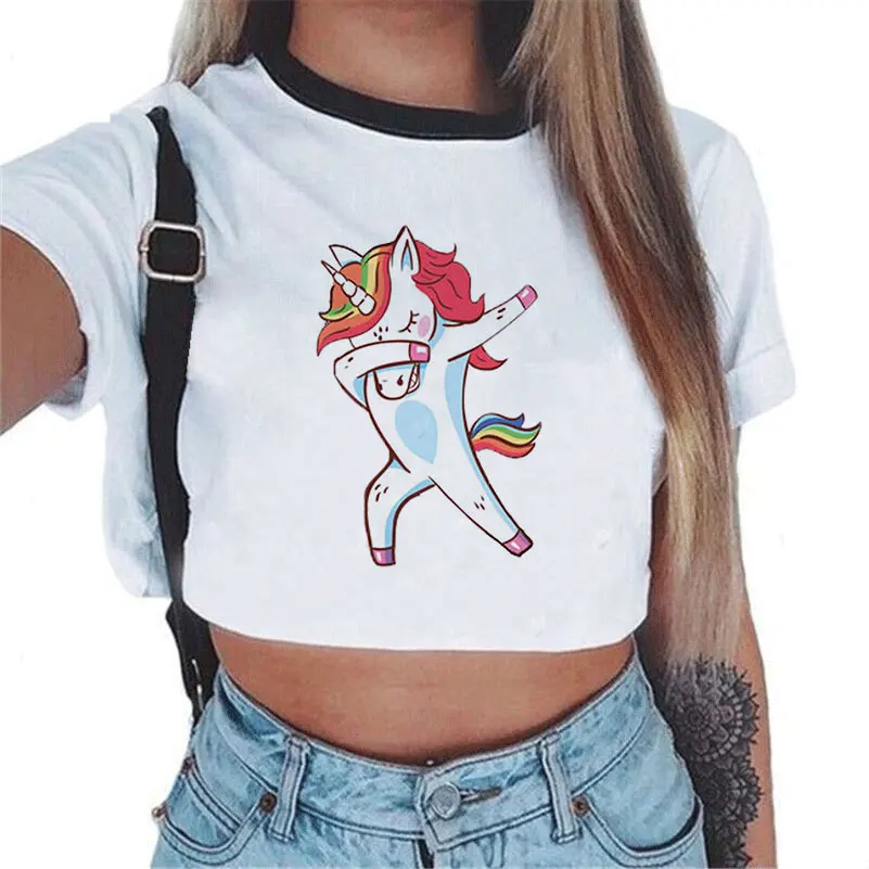 

Fashion Short Sleeve O-Neck Sexy Female White Women Vogue Summer Letter Tank Tops Harajuku Crop Top Unicorn Femme