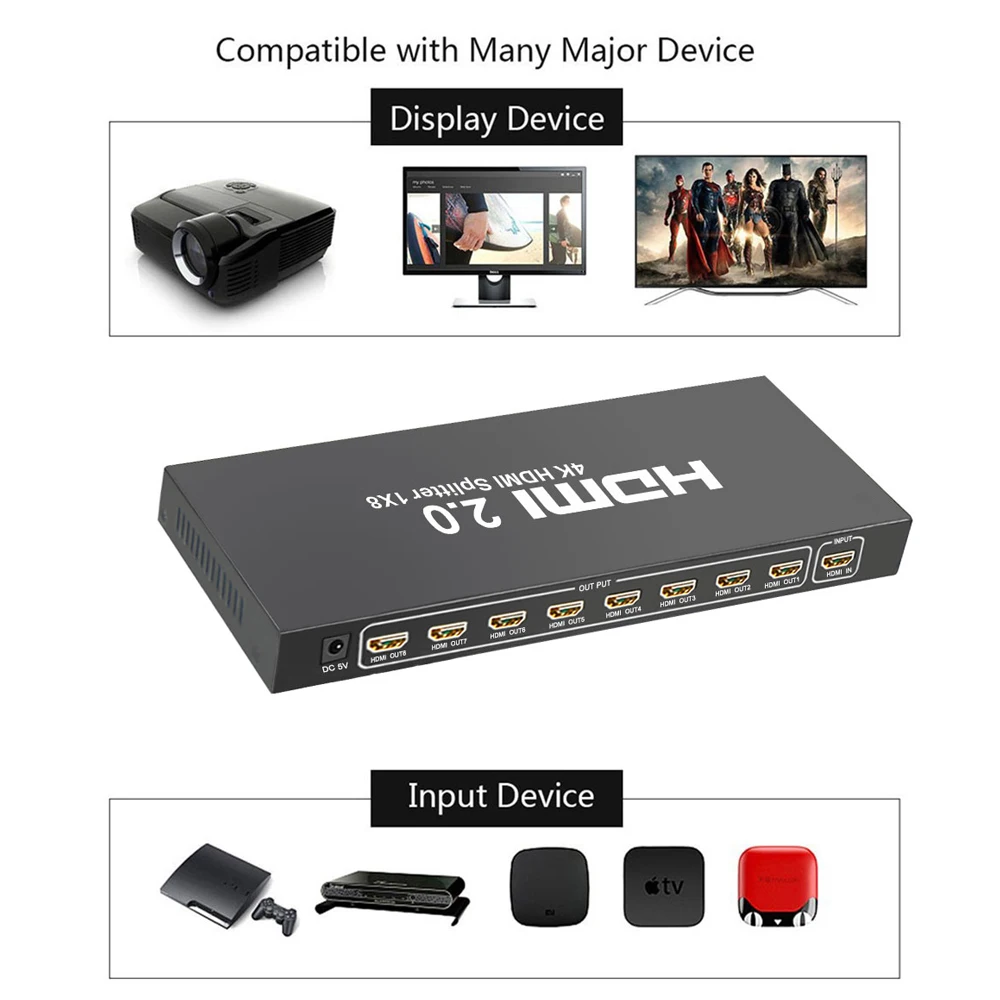 HDMI 2 0 сплиттер 1x8 1 вход 8 Выход усилитель переключатель коробка концентратор HDMI2.0