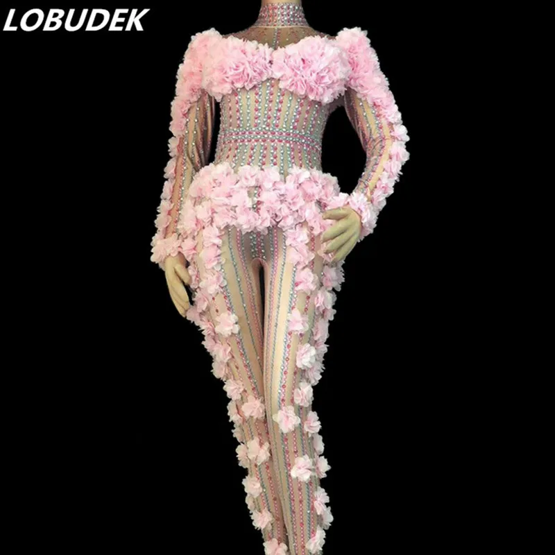 Adult Women Stage Costume Pink Flowers Crystals Jumpsuit Stretch Rhinestones Bodysuit Nightclub Singer DJ DS Performance Outfits