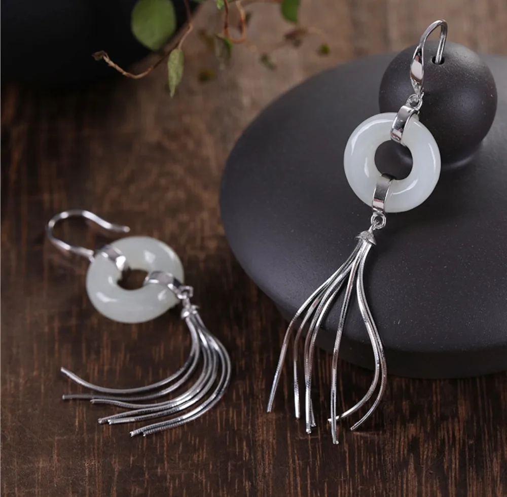 S925 Sterling Silver Hetianbaiyu Female Ear Ornaments Restore Style Peace Buckle Tassel High-end Temperament Free | Украшения и