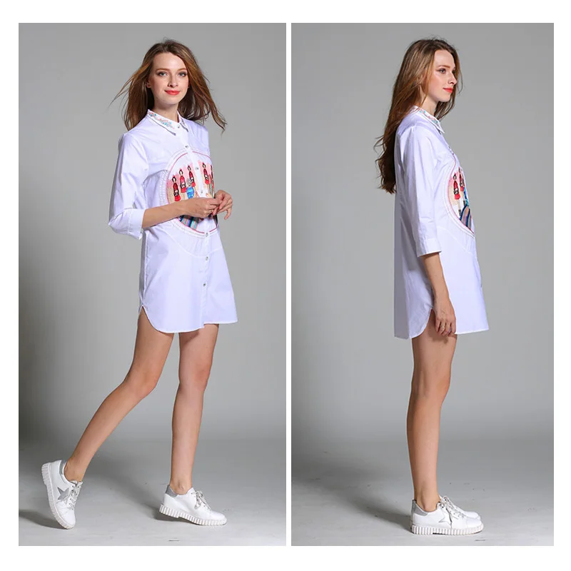 2017 лето-осень Для женщин Вышивка ПР моды с лацканами рукавом три четверти