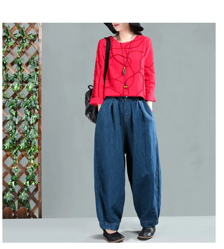 Spring Jeans Women Retro Loose Denim Pants New Ladies Elastic Waist Button pocket Blended Trousers Casual Denim knickerbockers