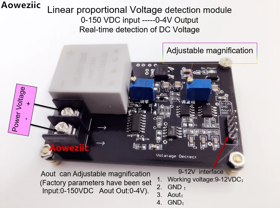 

Aoweziic 1Pcs Linear proportional Voltage detection module 0-150 VDC input -----0-4V Output Real-time detection of DC Voltage