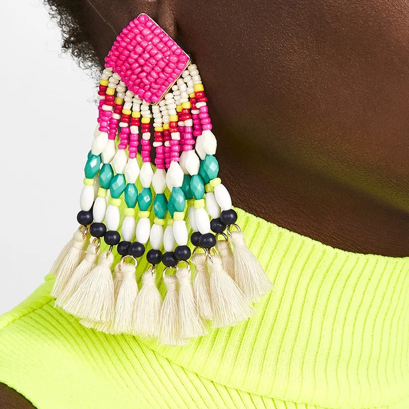 Женские длинные серьги с кисточками ручной работы в богемном стиле разноцветный