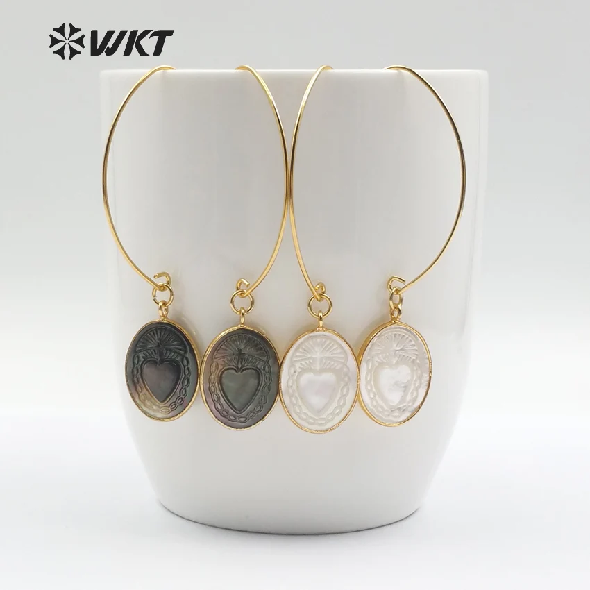 WT-E455 Metal Earwire With Gold Bezel Natural Sea Shell Briolette Earring Mysterious Pattern Women Bohemia Dangle | Украшения и