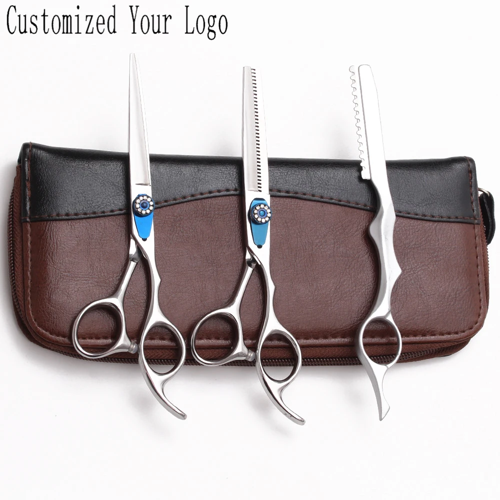 

3Pcs 6'' 7.5cm Customize Logo Barber Scissors Cutting Shears Thinning Scissors Antlers Up Teeth Professional Hair Scissors