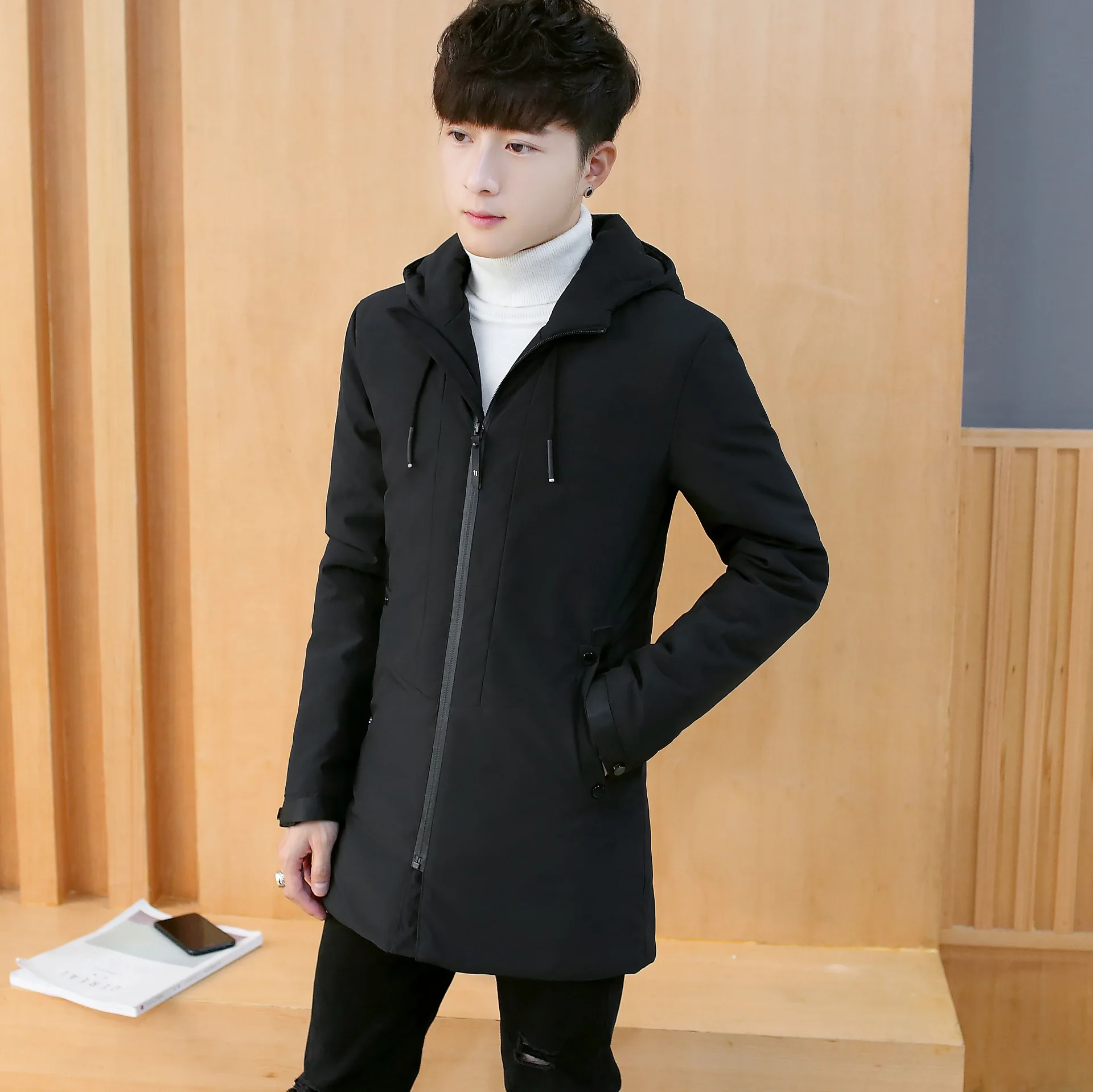 Мужская теплая длинная парка в Корейском стиле повседневное зимнее длинное