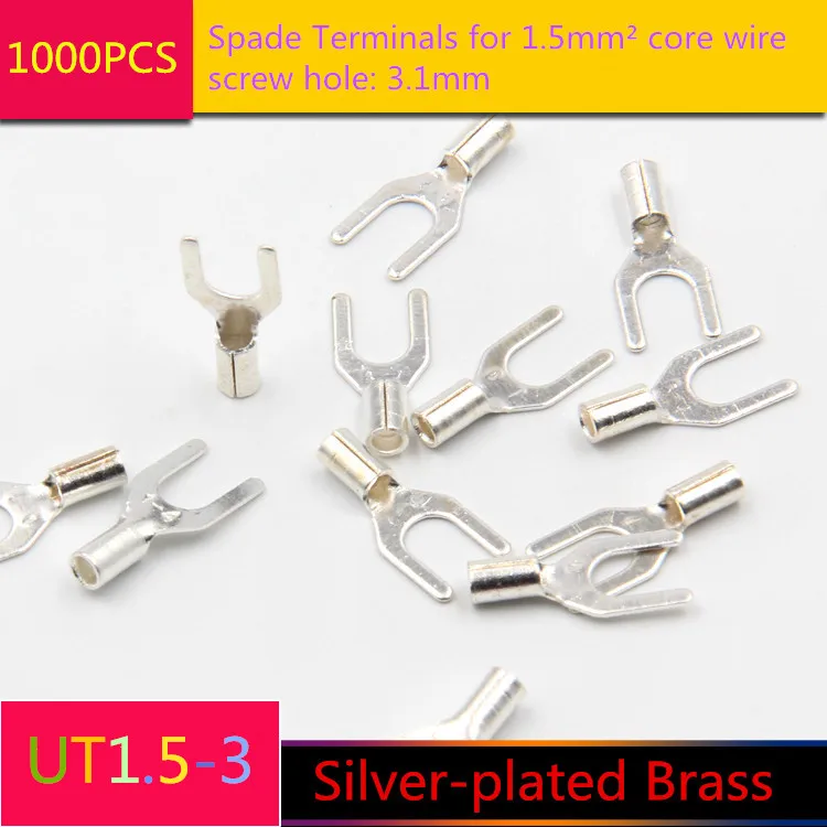 

1000PCS YT1875 UT1.5-3 Spade Terminals Cold - Press Terminal For 1.5 mm2 wire Silver-plated Brass screw hole 3.1mm