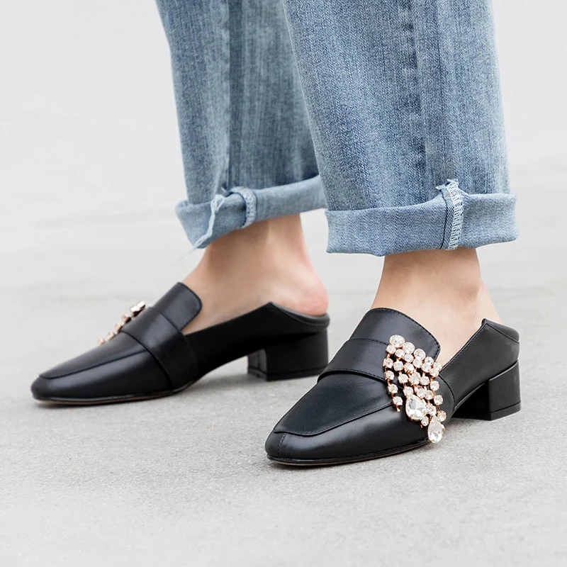 

WETKISS Thick Low Heels Women Pumps Square Toe Footwear Cow Leather Female Mules Shoes Crystal Loafers Shoes Woman 2019 Spring