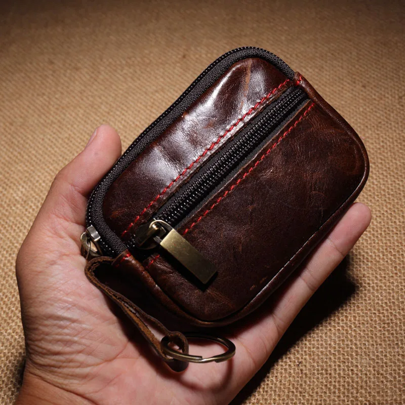 Oil Waxed Brown Винтажный стильный кошелек для монет из натуральной кожи, маленький кошелек для монет из натуральной кожи, кредитный держатель для карт, можно прикрепить к поясу - Цвет: Oil Waxed Brown