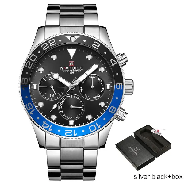Silver Black-Box NAVIFORCE роскошные часы мужские военные спортивные часы мужские s Нержавеющая сталь водонепроницаемые кварцевые 24 часа календарь наручные часы Reloj - Цвет: Silver Black-Box