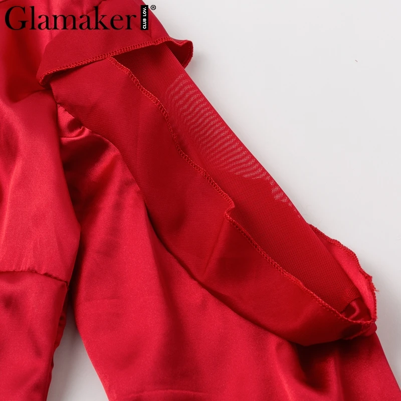 Glamaker Красная атласная выдалбливают Топ Футболка Топ женский рюшами пикантные Длинные рукава вечерние рубашка Для женщин рубашки Весна сетки объединить футболка