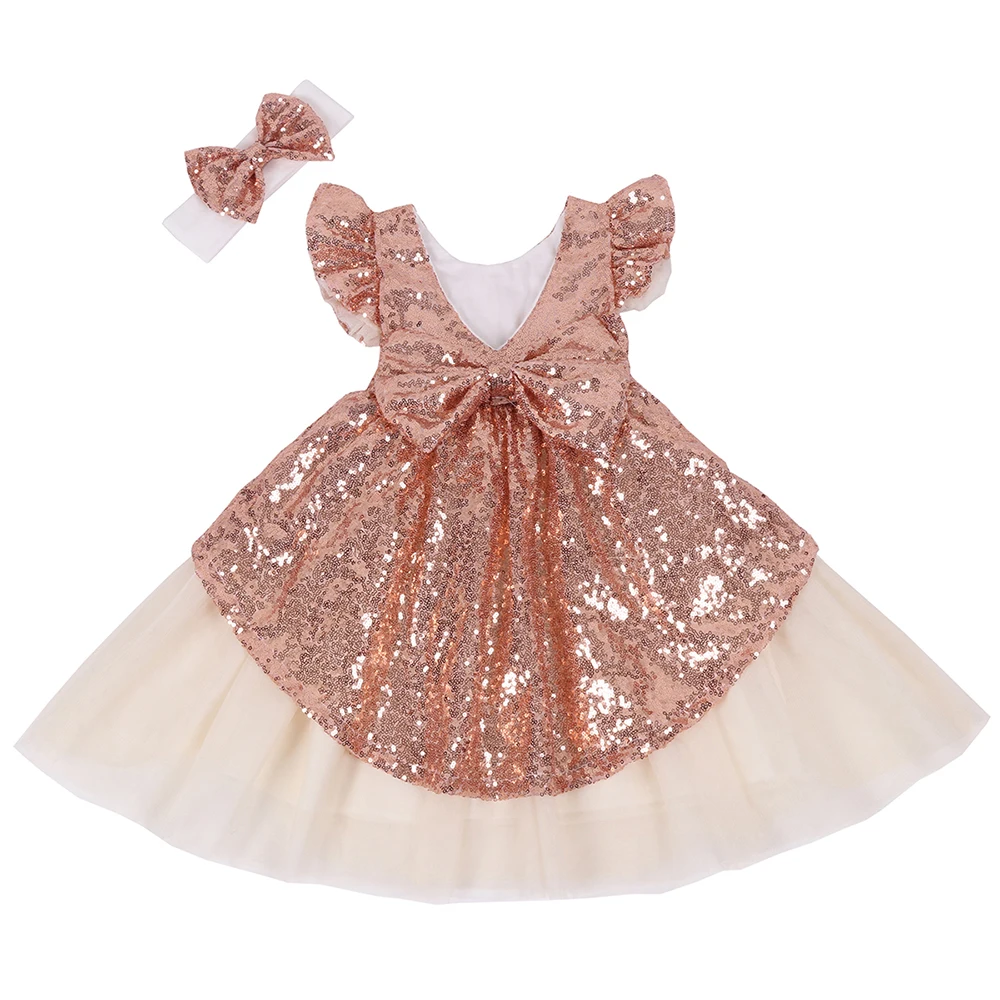 Girls Sequin Dress Baby Toddlers Tutu Sundress Kids Tulle Bridesmaid Gold White Cute Summer Party Clothes with Headband | Детская одежда
