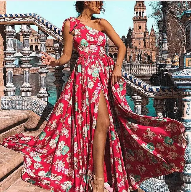 Summer Fashion Women Stylish Elegant Sexy Long Party Dress Sleeveless One Shoulder Bow Tie Printed Slit Tunic Maxi | Женская одежда