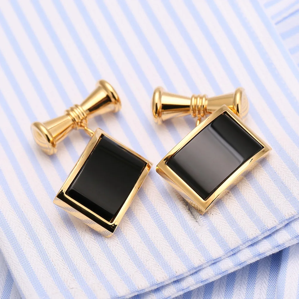 VAGULA Cufflinks Luxury gift Suit Shirt Gemelos 24K Gold-color Button Chain Black Stone Cuff links Men Jewelry Drop ship 135 | Украшения и