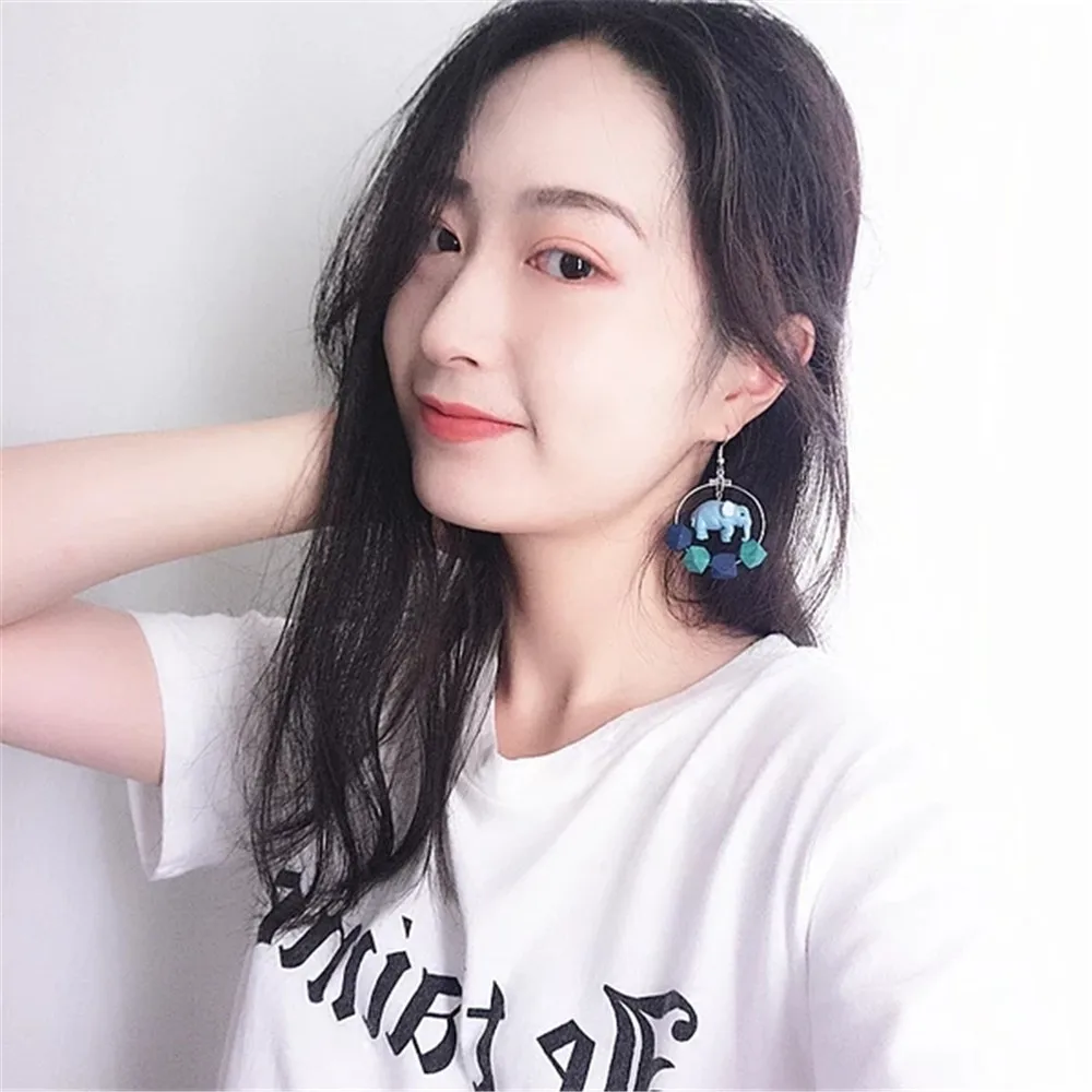 New Sweet Romantic Cartoon Blue Elephant Square Circle Earrings Fashion Jewelry For Women Gift Wholesale Accessories Femme | Украшения и