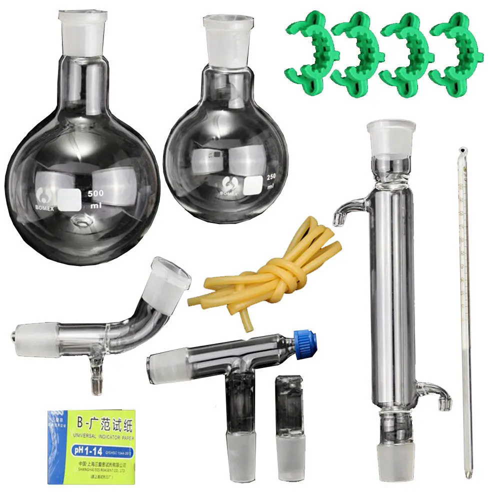New 12Pcs Lab Essential Oil Steam Distillation Organic Chemistry Apparatus Glassware Kit Water Distiller Purifier w/24/40 Joint