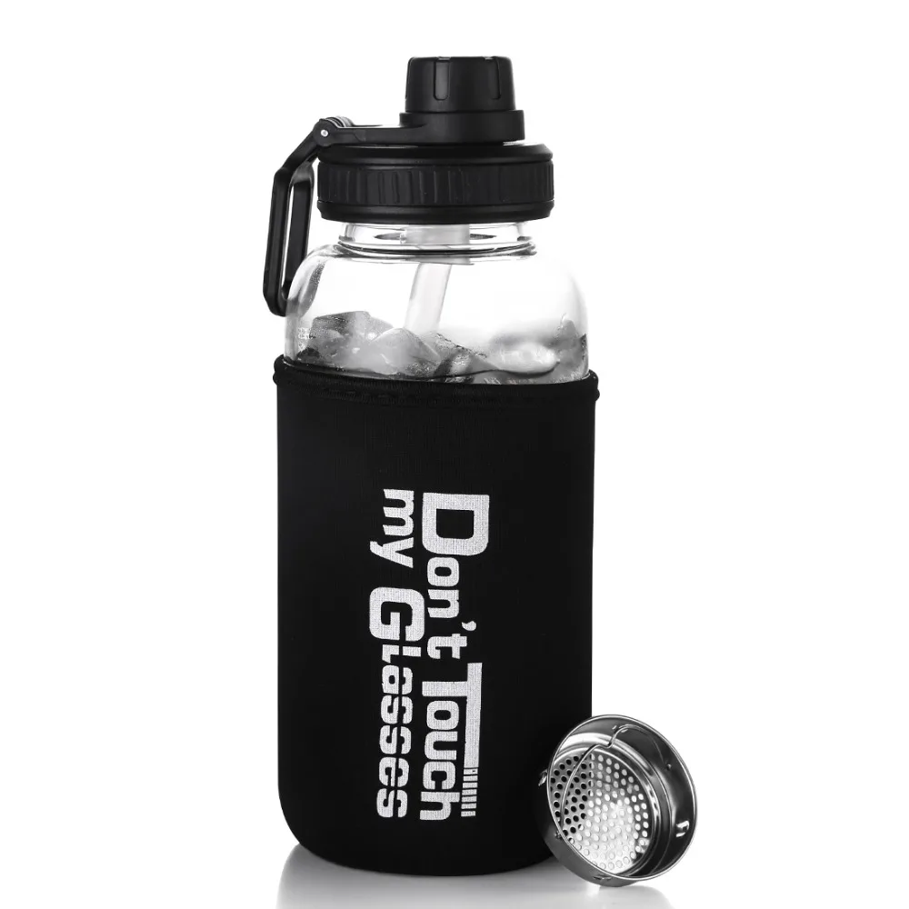 X&ampW Sports Glass Water Bottle with Straw 1000ml Borosilicate Tea Filter and Cloth Sleeve for Outdoor Hiking | Дом и сад