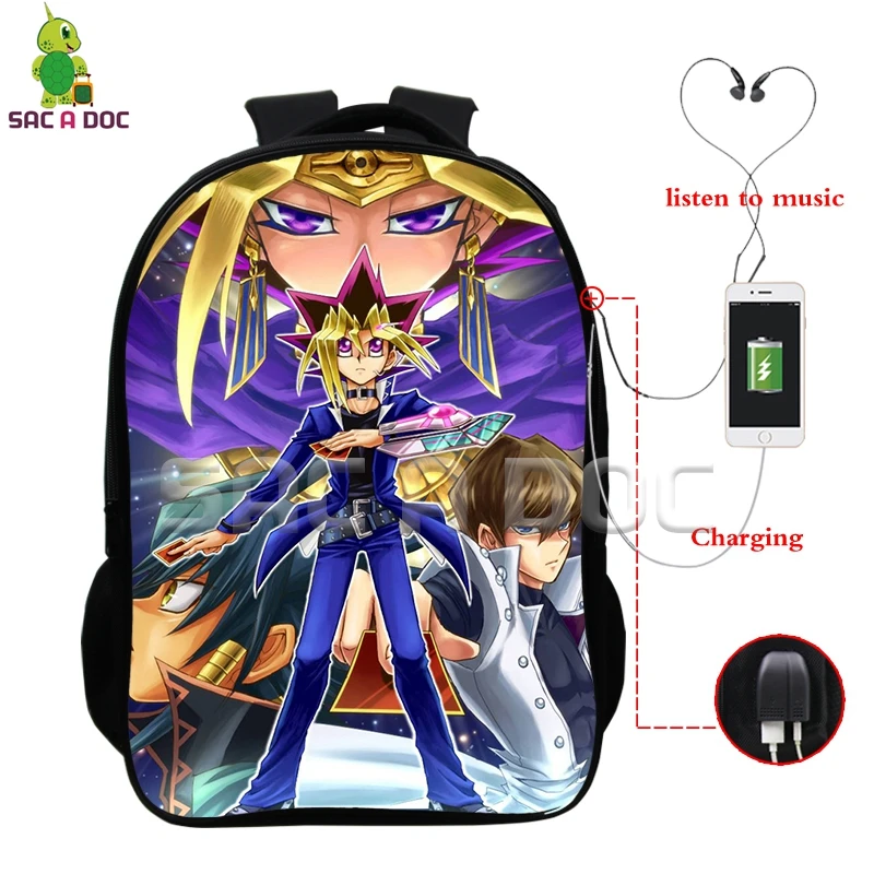 Аниме Yu Gi Oh Yugi Kaiba рюкзак Многофункциональный usb зарядка Разъем для наушников сумки для ноутбука школьные рюкзаки для подростков