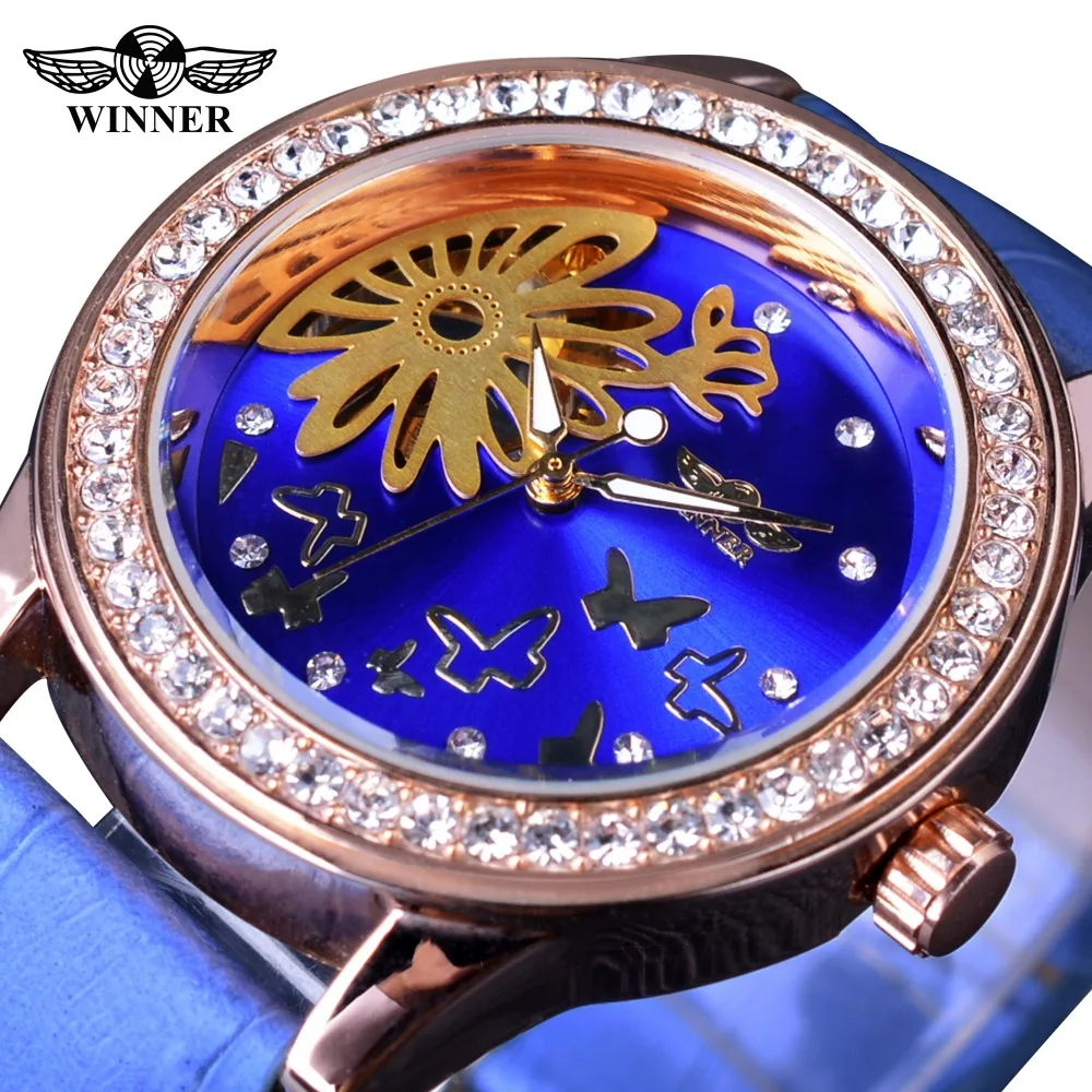 Победитель 2017 Blue Butterfly Дизайн Камень Горный Хрусталь Женщины Платье Часы Женские