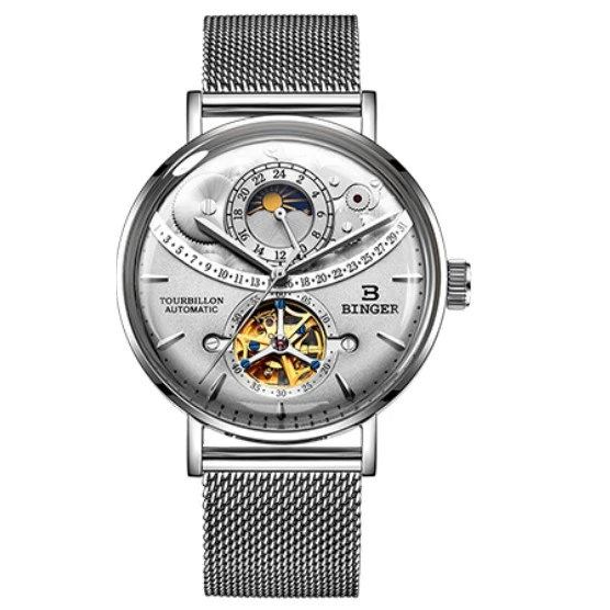Gray B10002 steel Швейцарские автоматические часы для мужчин Бингер Скелет Механические Мужские часы полная сталь сапфир Relogio Masculino водонепроницаемый reloj - Цвет: Gray B10002 steel