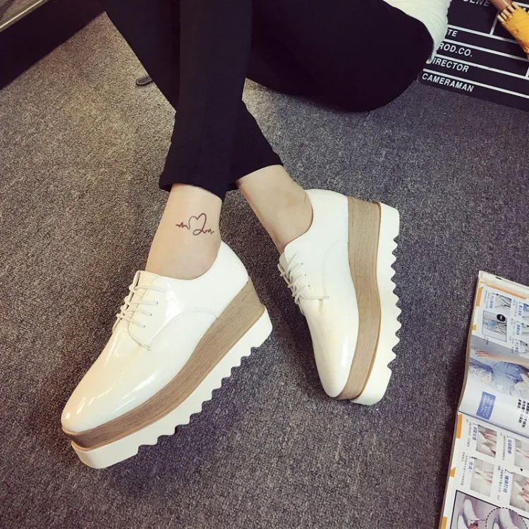 35-39 Spring Casual Solid Women Flat Shoes Patent Leather Lace-up Loafers Platforms British Style Ladies Oxfords | Обувь