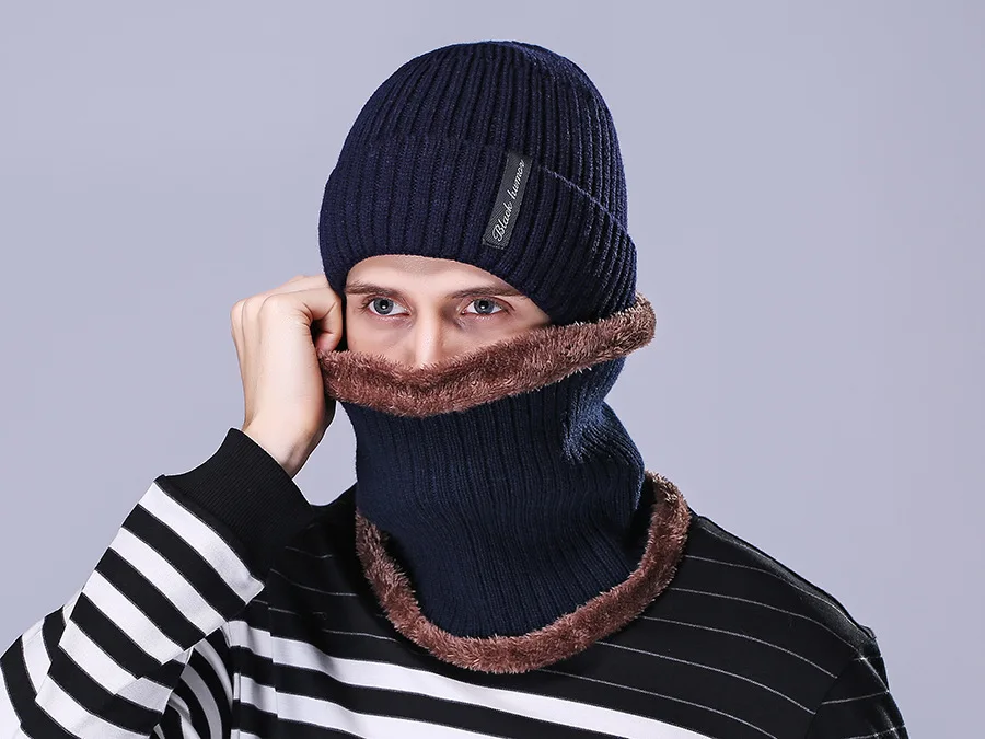 Зимние шапки для мужчин бини теплая вязаная шапка Skullies шапка шарф наборы с бархатными воротниками вязаная шапка модная ветрозащитная