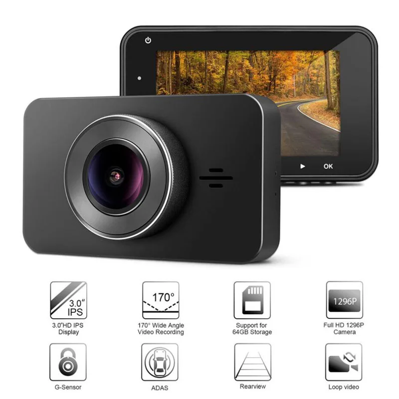 QUIDUX 2018 Новый 3 0 дюймовый автомобильный видеорегистратор 1296P с двумя объективами