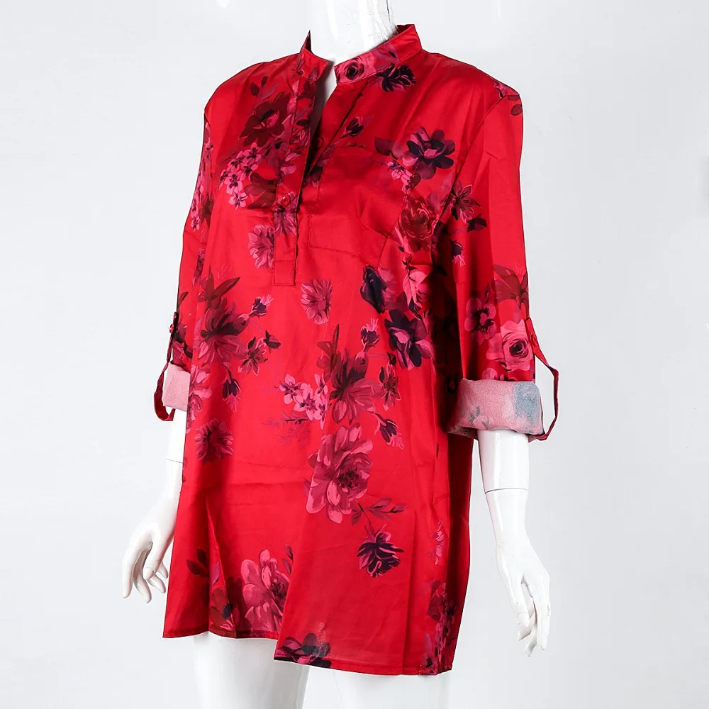 PUSEKY Women Autumn Spring Standing Collar Printed Long Sleeve Chiffon M-5XL |