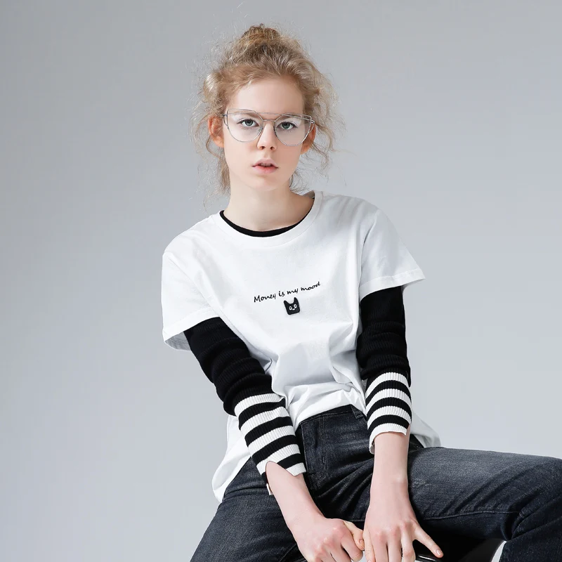 Toyouth Embroidery Cat Summer T-Shirts For Women Letter Short Sleeve Female Basic T Shirt All-Match Black White Tee Femme | Женская