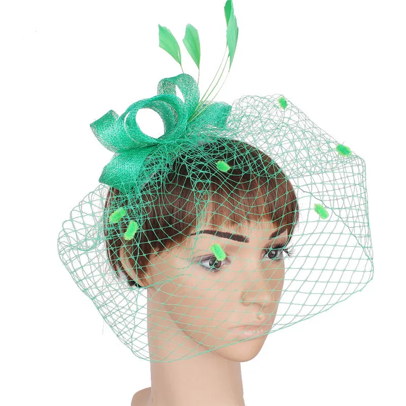 Зеленый JaneVini Винтаж золотые свадебные Шапки и Fascinators женские свадебные вечерние шляпа Перья для волос Pin чистая клетка покрывал Afrikaanse Hoed - Цвет: Зеленый