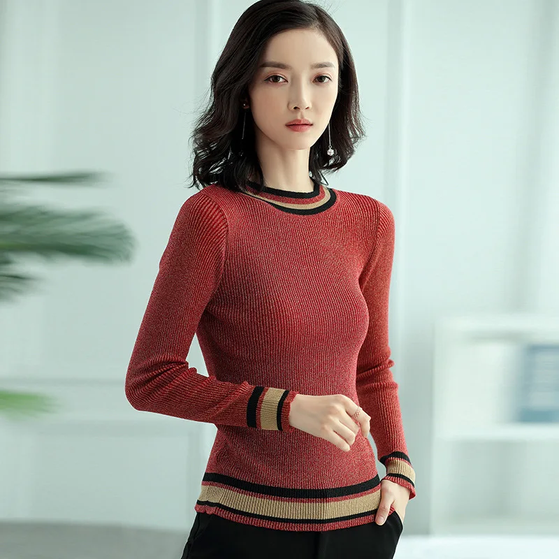 Autumn Knitted 2 Solid Color Long Sleeve Sweater Fashion Slim O Neck Basic Pullover | Женская одежда