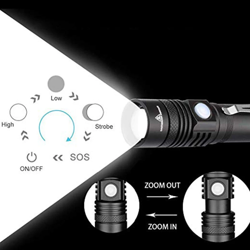 T6/L2/V6 светодиодный фонарик, Мощный USB фонарь, тактический фонарь с 18650 зумом, регулируемым фокусом для кемпинга, пеших прогулок