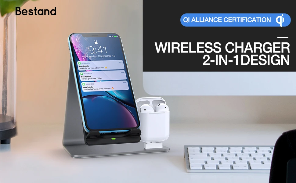 Bestand 2 в 1 Airpods подставка Беспроводная зарядка настольная док станция для планшета