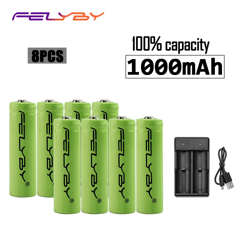 FELYBY 8 шт 14500 литий-ионная аккумуляторная батарея AA 1000 mAh включает зарядное