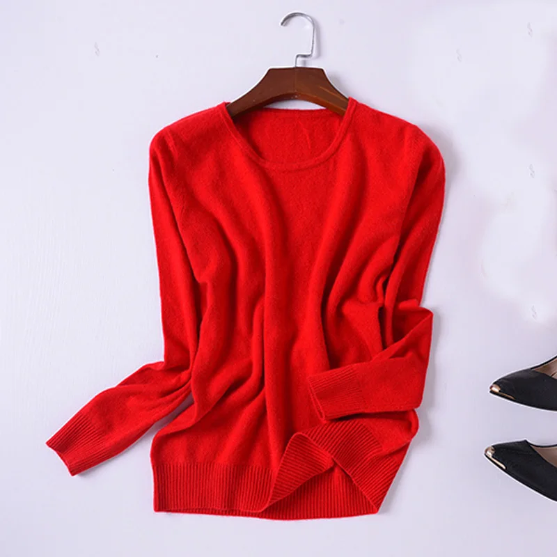 Casual Mink Cashmere Sweater Pullover Red Womens Long Sleeve O-neck Sweaters Autumn Winter Knitted Top 2018 Warm Jumper Knitwear | Женская