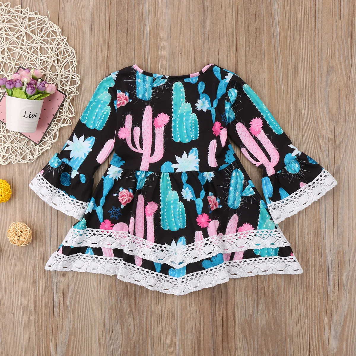 Kids Baby Girl One Piece Cactus Long Sleeve Cotton Lace Casual Dress Enfant Kid Children Girls Print Brief Soft Dresses 2-7T | Детская