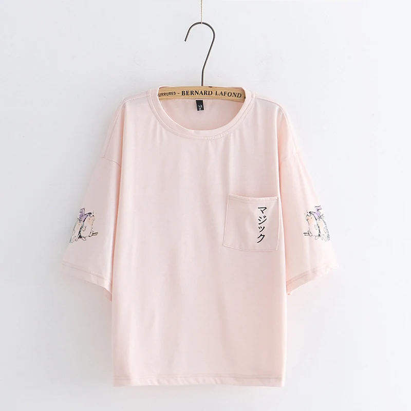 Cartoon print single pocket loose t-shirt mori girl tee top summer 2018 gorl | Женская одежда
