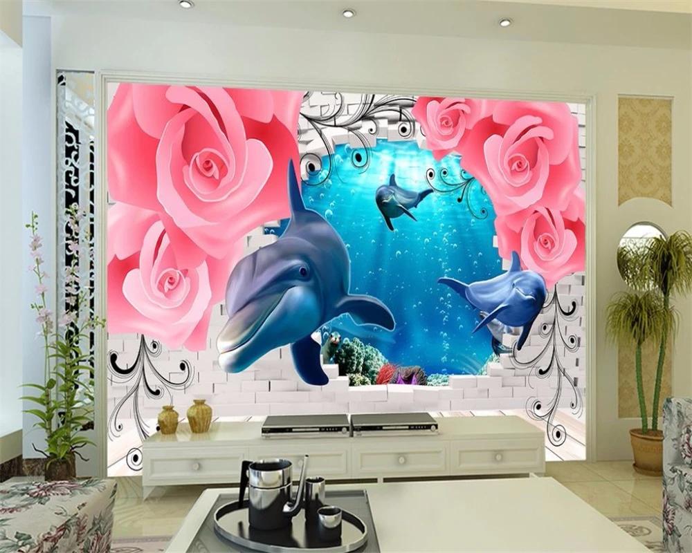 Современные розы дельфины кирпичные стены на заказ 3D обои для детской комнаты