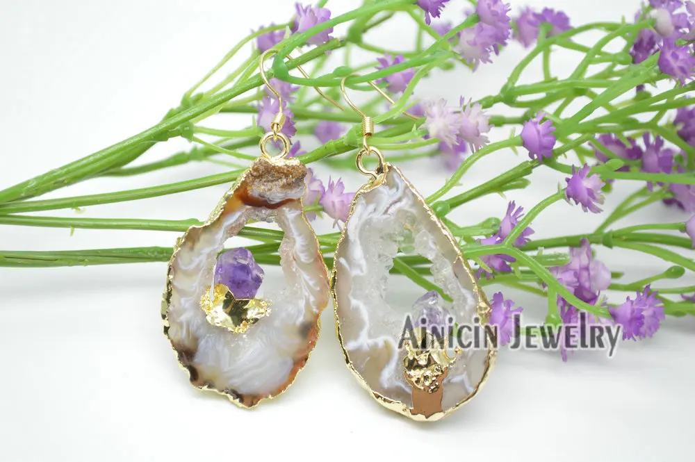 1 пара Рок Кристалл инкрустация Drusy Geode камень цвета золота крюк серьги для модных женщин ювелирные изделия Лучший подарок на день рождения