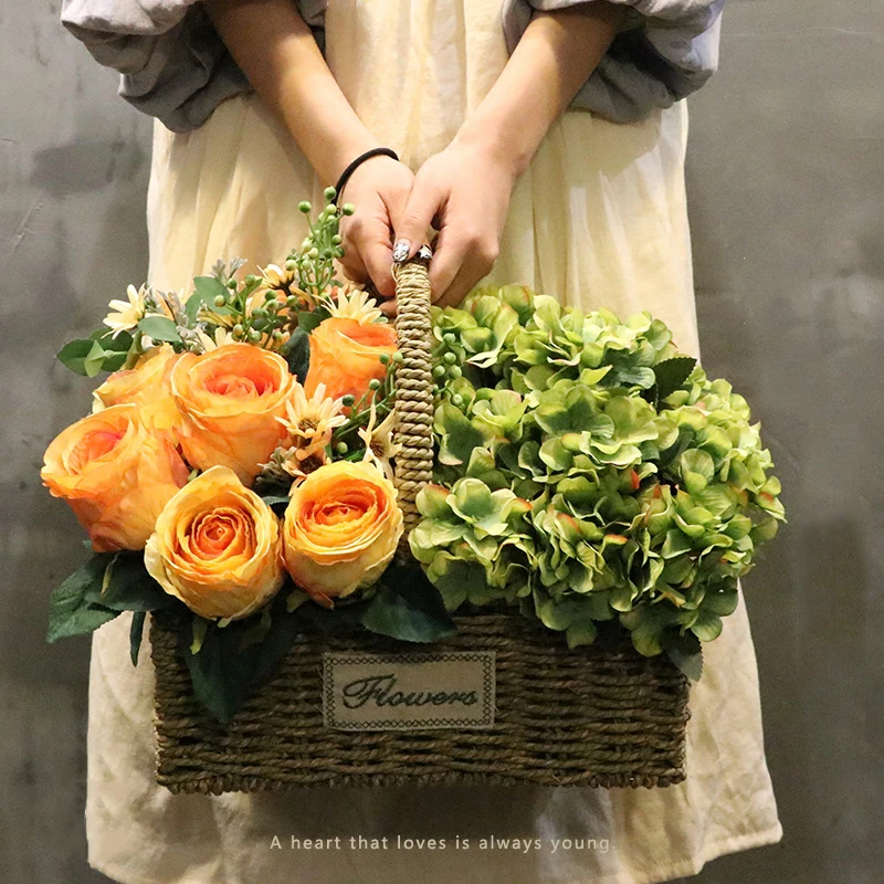 1 Набор роза и гортензия квадратная ручная Соломенная Корзина искусственные