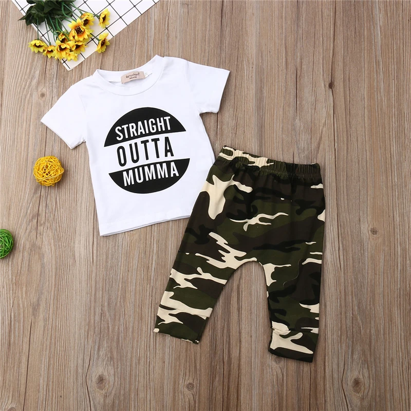 2019 Newborn Infant Toddler Kids Baby Boy Clothes Set Summer Short Sleeve Tops Letter T-Shirt Camouflage Pants Clothing Outfits |