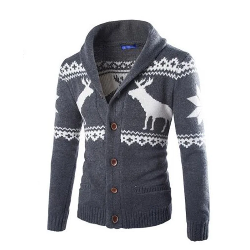 2018 осенний мужской свитер кардиган с отложным воротником рисунком оленя тонкий