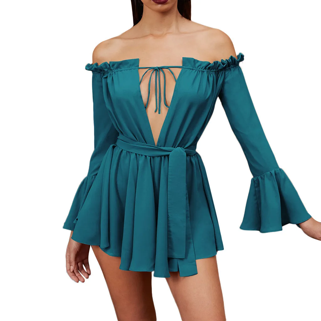 Women Dress Summer Sexy Off Shoulder Solid One Word Collar Long Sleeve Bow Mini Erotic Dresses | Женская одежда