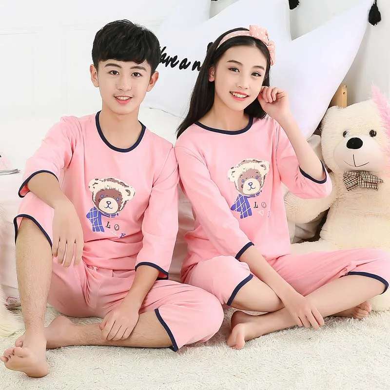 Pink scarf bear Хлопковые пижамы для мальчиков и девочек летние шорты рукав Детские пижамы одежда для подростков, девочек одежда для мальчиков 10 лет комплект, Детская Пижама - Цвет: Pink scarf bear