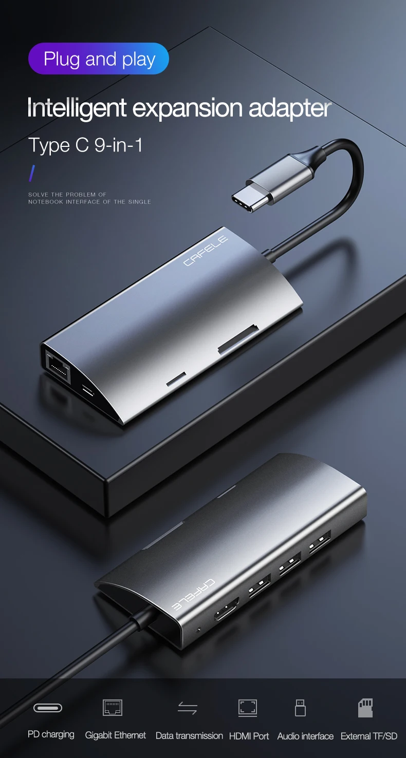 CAFELE usb-хаб type C удлинитель USB 3,0 док-станция для подзарядки телефона для ноутбука HDMI TF/SD карта 3,5 мм Интерфейс Многофункциональный