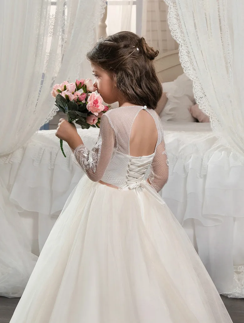 2017 3/4 Рукавом A-Line Детские Платья Зашнуровать Назад Аппликации Святое Причастие