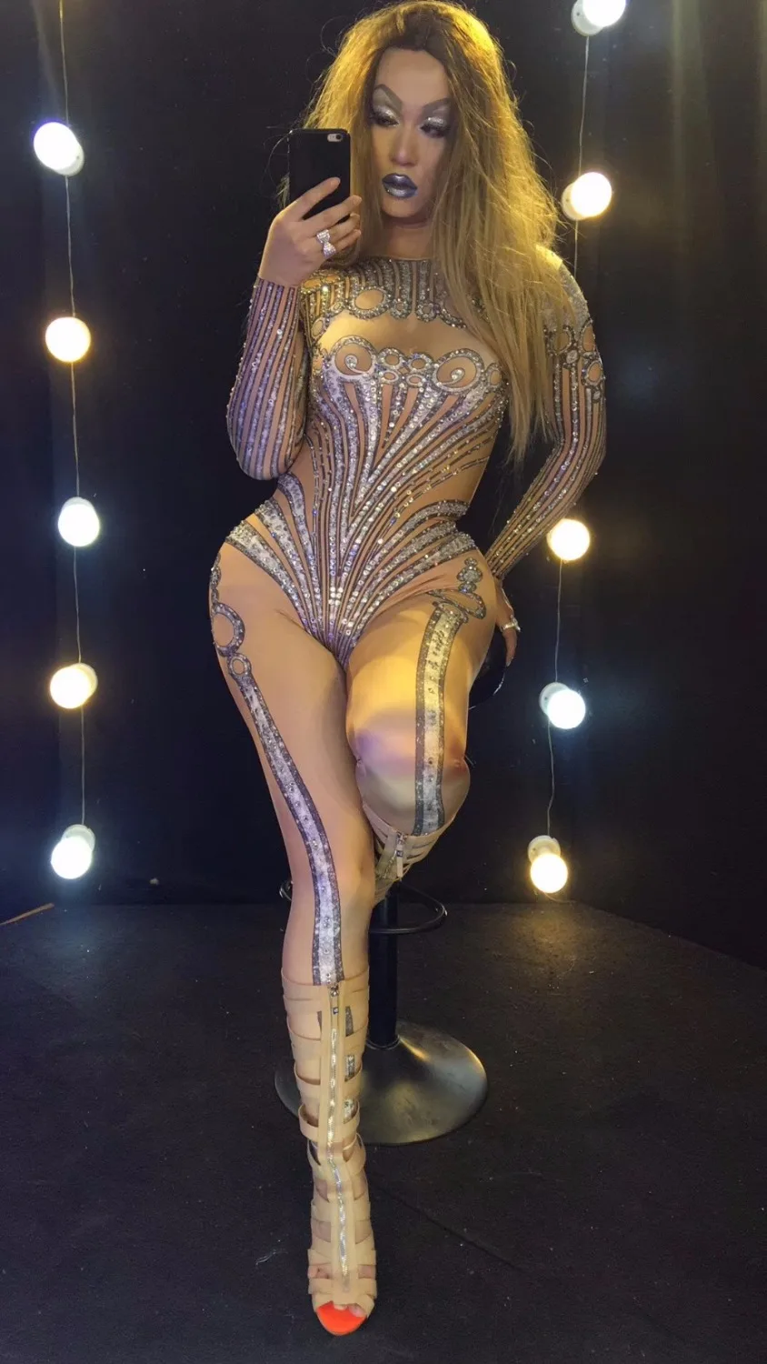 Модные блестящие стразы телесного цвета облегающий Костюм Стретч кристаллы