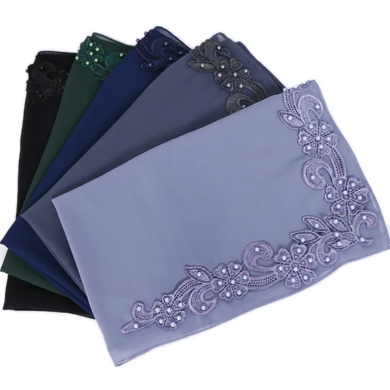 

Ladies Plain Floral Beads Bubble Chiffon Instant Hijab Shawl Women High Quality Solid Headband Bufandas Muslim Sjaal 115*115Cm