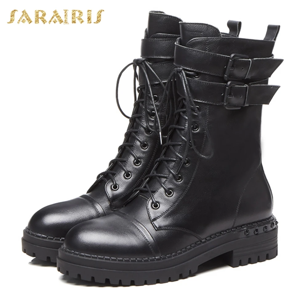 

SARAIRIS 2018 Genuine Leather Zip Up Chunky Heels Cow Leather Shoes Woman Boots Woman Shoes Mid Calf Boots Size 34-39